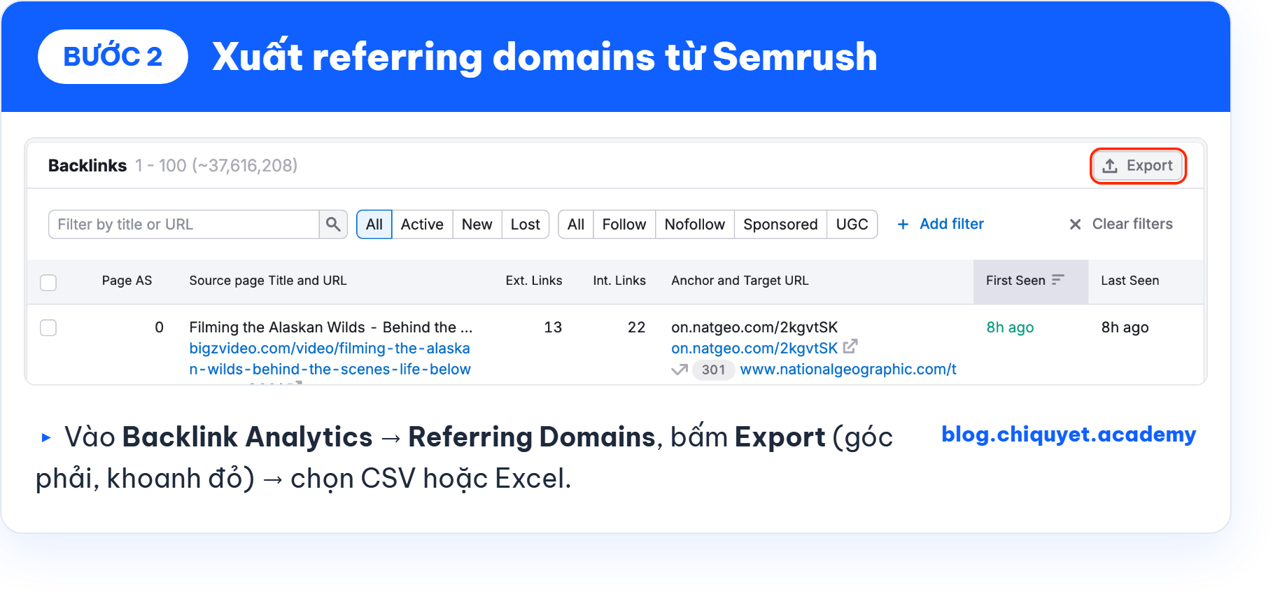 Bước 2 xuất referring domains từ Semrush Backlink Analytics bằng nút Export ra CSV hoặc Excel