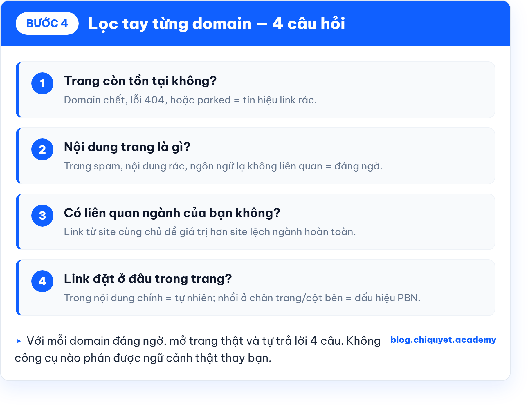 Bước 4 lọc tay từng domain đáng ngờ với 4 câu hỏi sàng lọc: trang còn sống, nội dung, liên quan ngành, vị trí đặt link